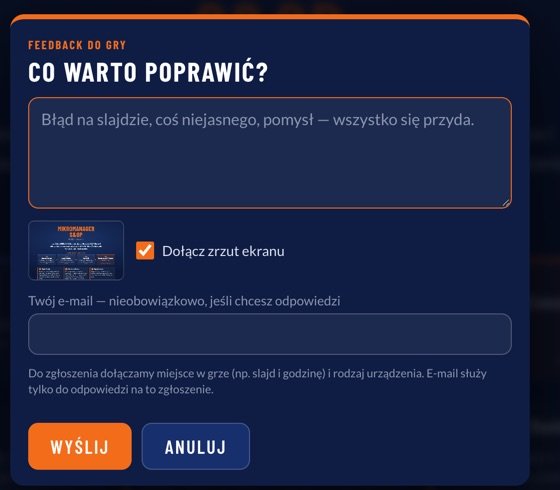 Formularz zgloszenia uwag w grze: Co warto poprawic